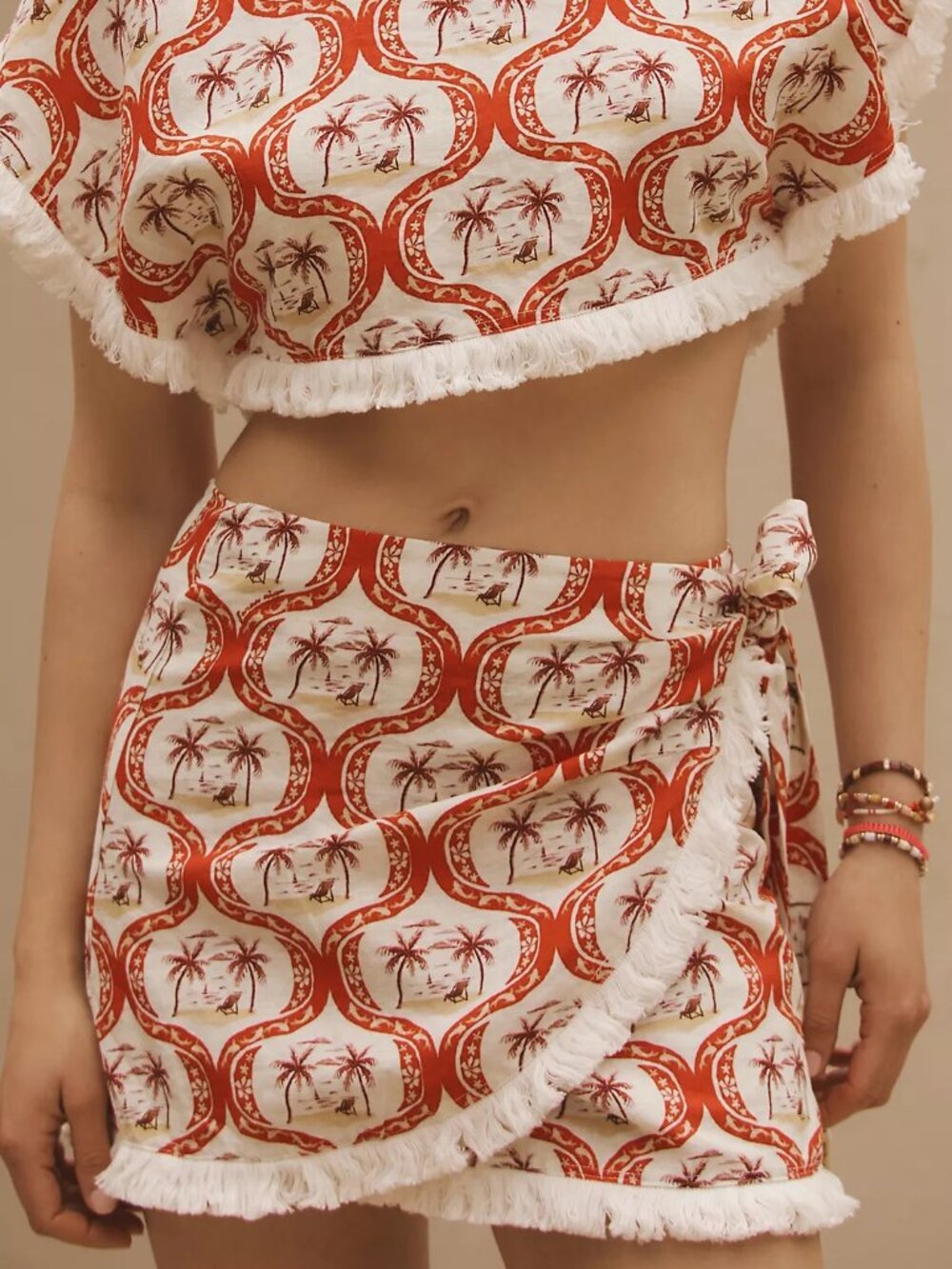 Farm Rio Linen Blend Mini Skirt Summer Beach Print Red White S Resort Summer